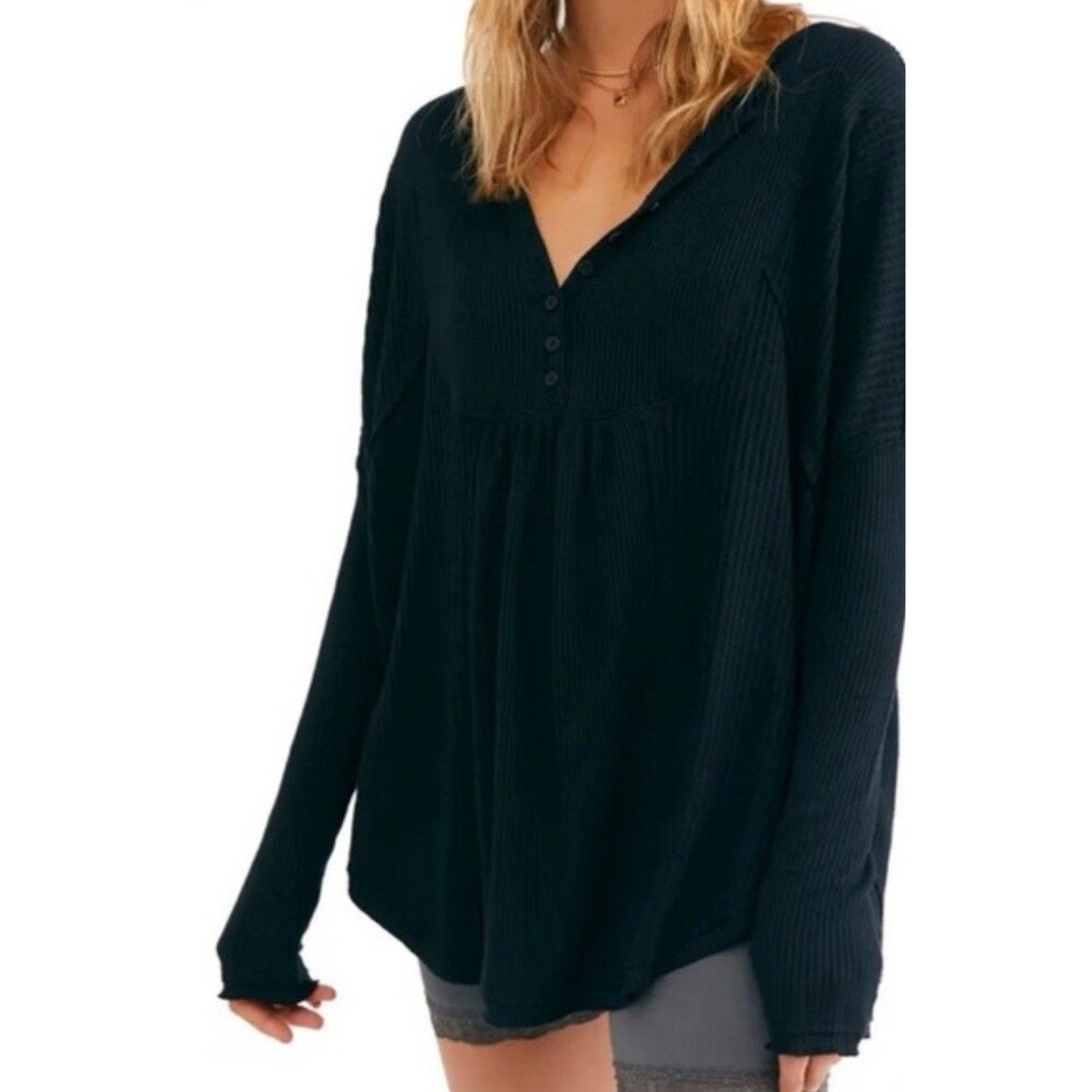 Free People Leo Henley Long Sleeve Black Oversized Top Sz XS Boho Festival Comfy